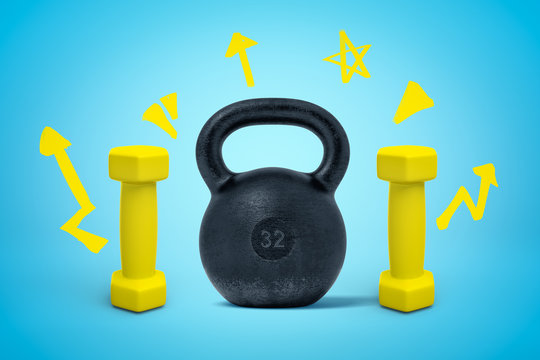3d rendering of black kettlebell and two yellow dumbbells on blue background
