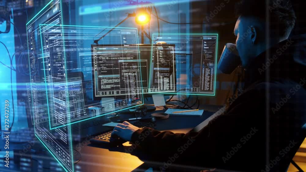 Poster cybercrime, hacking and technology concept - asian male hacker in dark room writing code or using co