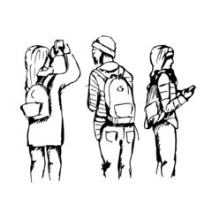sketch of young people o their phones
