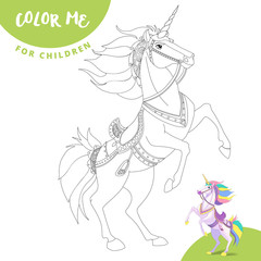Coloring page with realistic cartoon unicorn. Beautiful unicorn for children education materials.