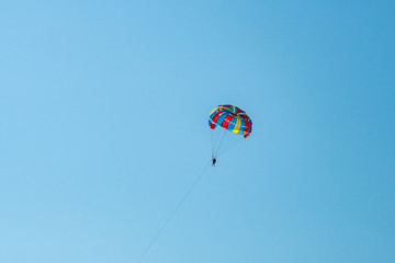 The operated parachute flies in high in the blue sky