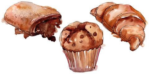 Tasty cake and bun sweet dessert. Watercolor background set. Isolated desserts illustration element.