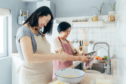 Pregnant woman cooking with her mother at kitchen