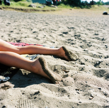 Sandy Feet On A Sandy Beach In Hood River, Oregon