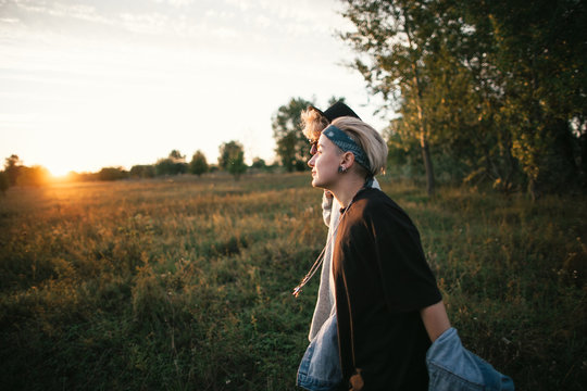 couple walking on meadow