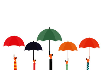 hands holding umbrellas isolated on white background. vector Illustration.