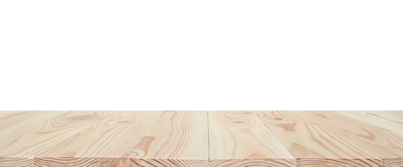 Empty wood table top isolated on white background with clipping path and copy space for display or montage your products