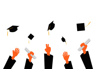 Fototapeta na wymiar graduation ceremony. hands in gown graduation and caps in the air isolated on white background. vector Illustration.
