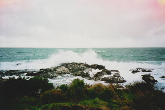 Film photo of a crashing wave at Bluff, New Zealand.