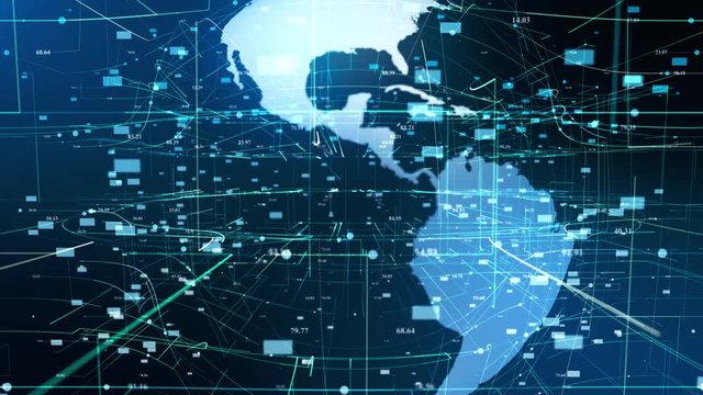Particle Earth Digital Hologram Technology Concept. Futuristic Business Global Network Data Globe Map Cyberspace Background. Dots Rotation Network Grid Motion Abstact Loop 3D Animation 4k