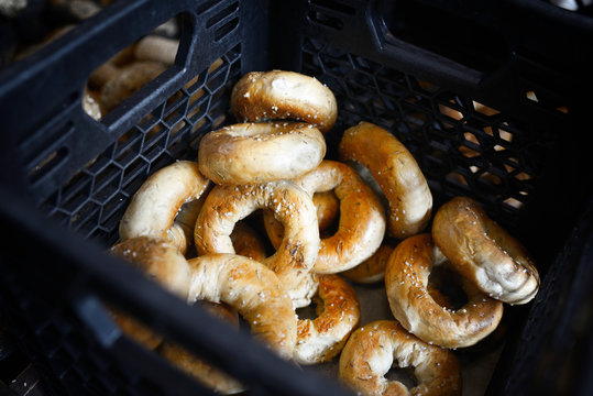 Box of fresh bagels in a bakery