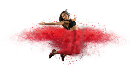 Girl wearing red leggings jumping with red dust  - Image