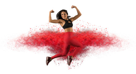 Girl wearing red leggings jumping with red dust  - Image