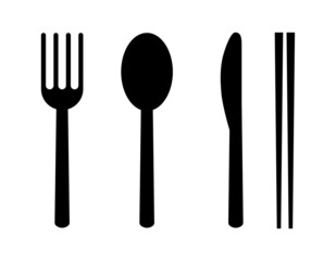 set of fork, spoon, knife and chopsticks. restaurant icons. isolated on white background vector illustration.