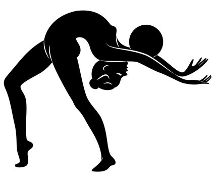 Silhouette of slender lady. The girl plays the ball. Female gymnast. Graphic image. Vector illustration.