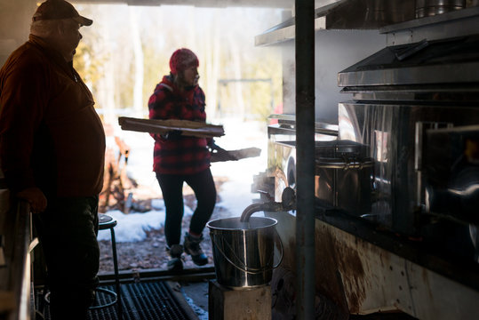 Woman feeds fire of sugar shack evaporator reducing healthy natural maple syrup