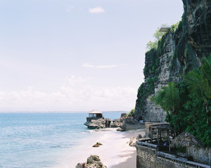 Cute little house on the rocks, beautiful cliffs seaside scene. shot by 120 films