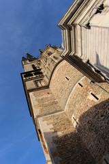 View from the bottom of Aachen Cathedral. Facade of Aix-la-Chapelle, Roman Catholic church in...