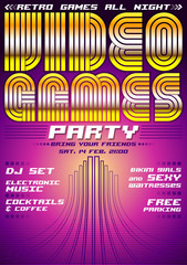 Video Games party, poster event template, eighties games style vector illustration