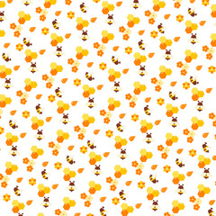 Repeating pattern for packing honey products. Organic and natural honey. Drops of honey, bees, honeycombs, flowers isolated on white. Design template for beekeeping. Vector