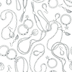 Seamless pattern with women's jewelry: earrings, beads, bracelet, necklace. Black and white line drawing. 