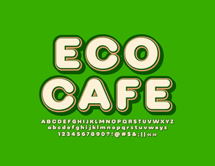 Vector bright banner Eco Cafe. retro style Font. 3D Alphabet Letters, Numbers and Symbols