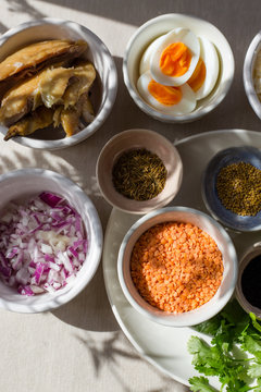 Ingredients for an Indian dish of Kitchri with smoked fish.