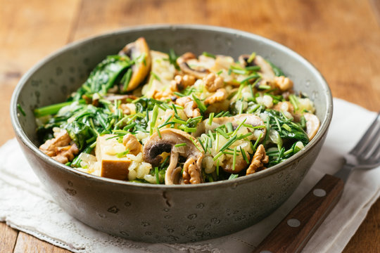 Spinach, Mushroom Risotto with Toasted Walnuts