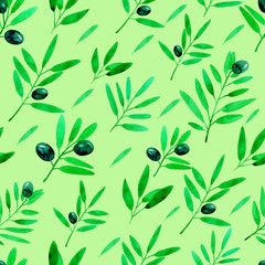 Seamless pattern with watercolor olive branches. Hand drawn illustration.