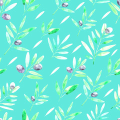 Seamless pattern with watercolor olive branches. Hand drawn illustration.