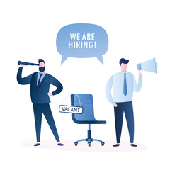 human resource recruitment concept,people with megaphone and spyglass,chair with sign- vacant