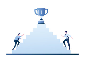 Businessmen climb the stairs from different sides, winner cup prize is at the top