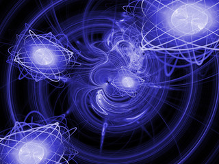 Atomic world. Splash of nuclear energy. Scientific 3d illustration.