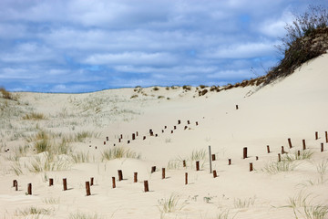 Endless sand dunes under the blue sky with clouds, Baltic sea coast, Curonian spit, Lithuania