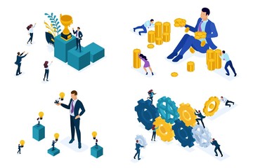Isometric Set concept the mechanism of the team, selling ideas, investments, success. Modern vector illustration concepts for website