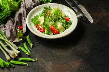 salad vegetables - tomato, lettuce, cheese, microgreen and salad dressing. food background. top