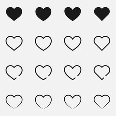 Set of hearts black and white vector icon.