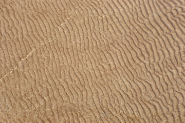 Sand texture created by sea waves on beach coast. Top view of sand pattern under soft waves. Sand texture of Baltic sea coast.