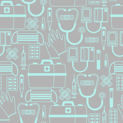 First aid kit equipment seamless pattern.