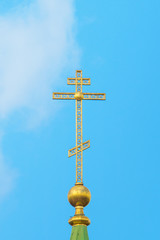 Orthodox cathedral with crosses close-up. the roof with crucifixes.