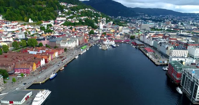 Aerial view of Bryggen district - Tourist attraction and Unesco World Heritage site with old wooden buildings. Bergen. Norway.