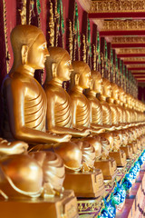Row of Golden Thai's Buddha statue in Wat Bang Thong (Wat Mahathat Wachira Mongkol). It is a beautiful Buddhist temple and famous temple in Krabi, Thailand