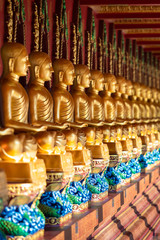 Fototapeta premium Row of Golden Thai's Buddha statue in Wat Bang Thong (Wat Mahathat Wachira Mongkol). It is a beautiful Buddhist temple and famous temple in Krabi, Thailand