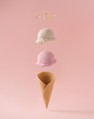 Infographic design of ice cream with colorful sprinkles. Minimal summer background. Food...