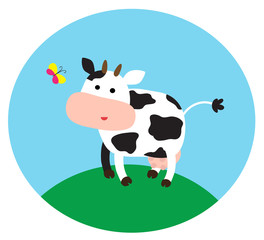 Cow and butterfly on a blue background. Vector illustration.