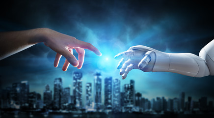 Human And Robotic Hand Touching Fingers - Creation Of Artificial Intelligence
