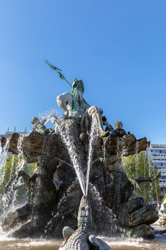 Close view of the Neptune Fountain on the Alexander Square in Berlin