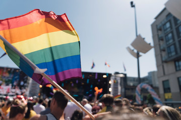 People With Rainbow Flags Attending a Gay pride