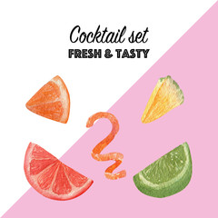 Slices of fruits for decoration of cocktails. Hand drawn summer set: orange, grapefruit, pinapple, spiral peel of orange and piece lime. Watercolor set for menu, invitations, vacation design.