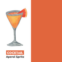 Watercolor layouts of alcohol cocktails Aperol Spritz with decoration. Isolated, high resolution elements for summer menu, invitations, vacation design.